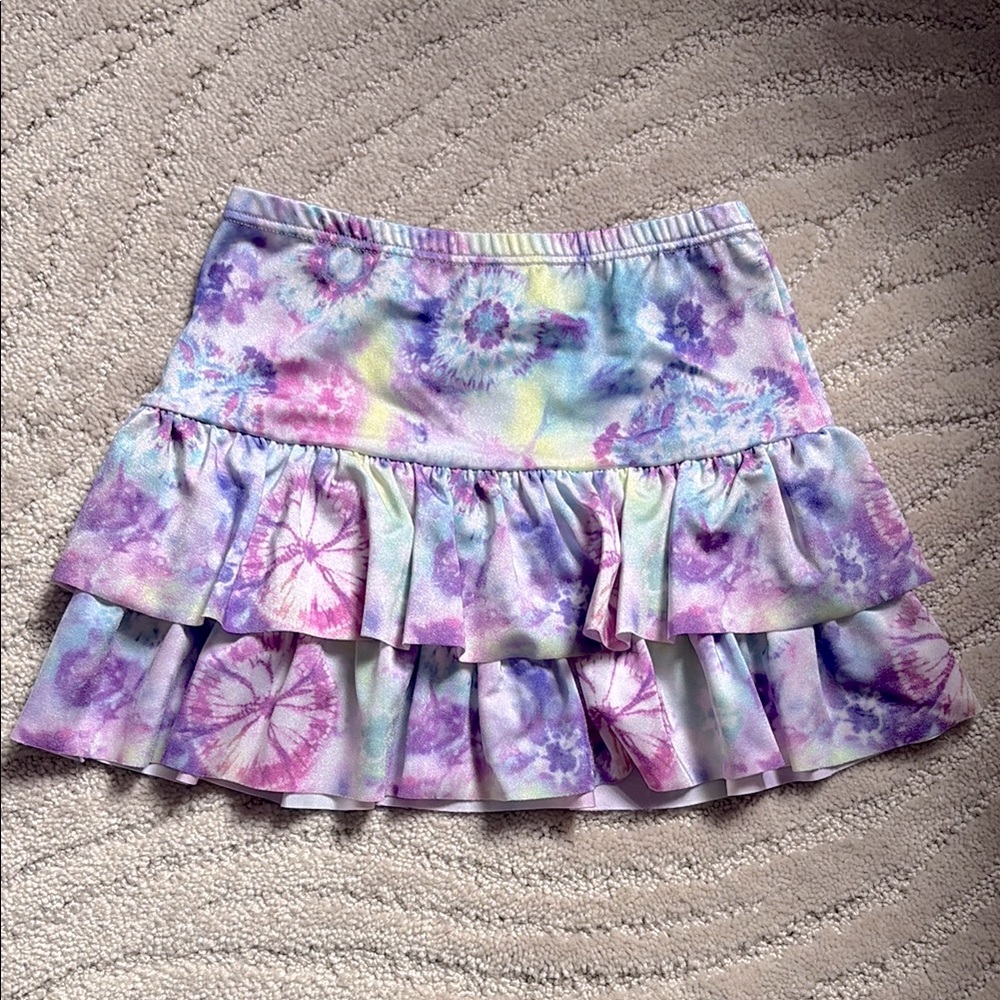 Random Hearts Tiered Tie Dye Nylon Spandex Mini Skirt from Denny’s x Lester’s